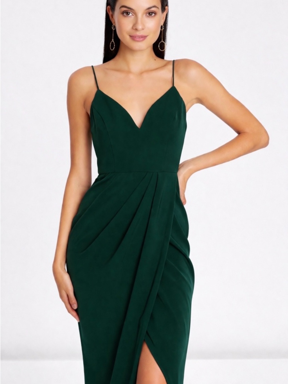 Shona Joy Strapless V-Neck Draped Midi Dress with Spaghetti Straps